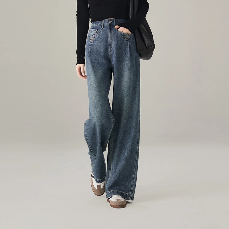 索菲丝尔2025春季新款时尚丹宁风高腰显瘦水洗牛仔长裤女512056