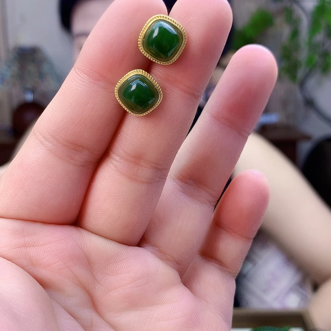 和田玉（碧玉）银S925镶嵌吊坠(不含链)耳钉