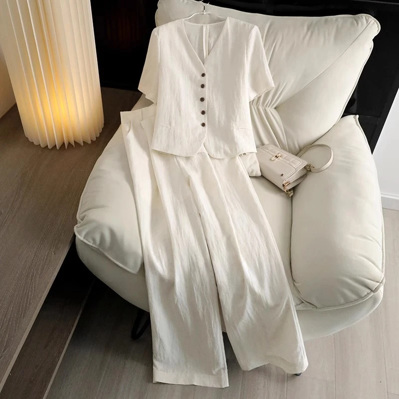 意式轻奢慵懒休闲透气天丝亚麻短袖西装外套高腰阔腿裤两件套装女