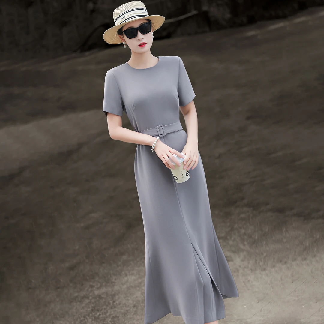 MEXCOCO/兰瑟儿气质灰色短袖绑带收腰鱼尾醋酸连衣裙105XL9455