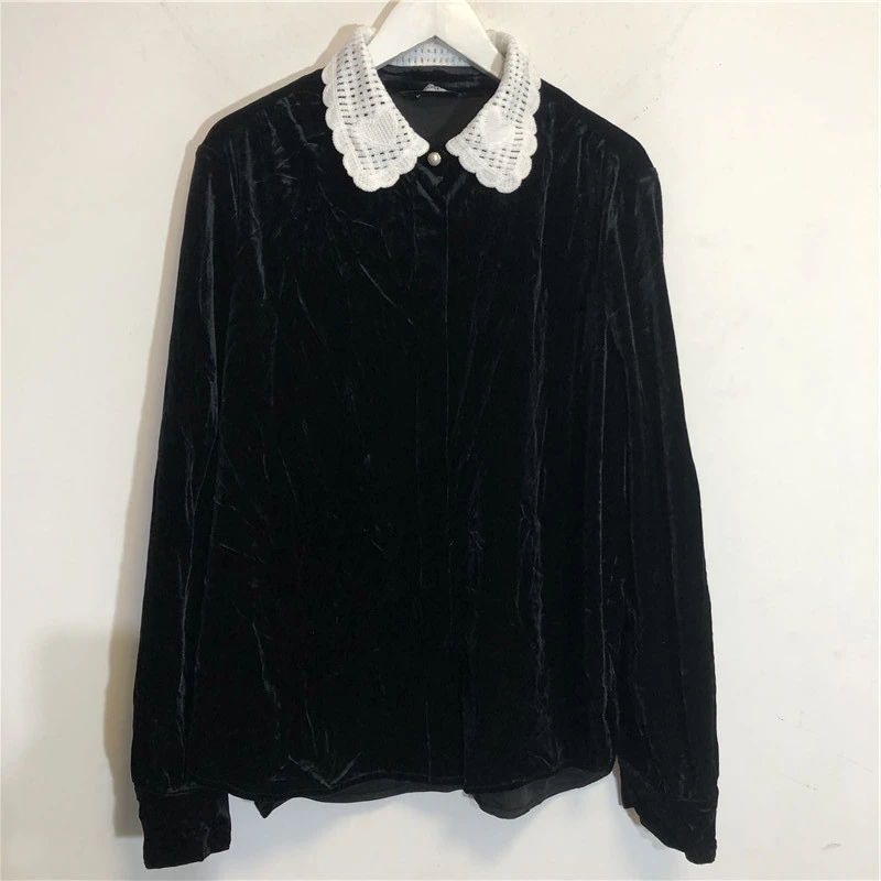 女士春季时尚气质纯黑色丝绒长袖衬衣 休闲百搭翻领简约衬衫