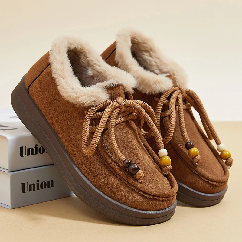 2025冬季新款复古纯色棉靴保暖毛毛靴百搭简约防滑耐磨棉鞋妈妈鞋