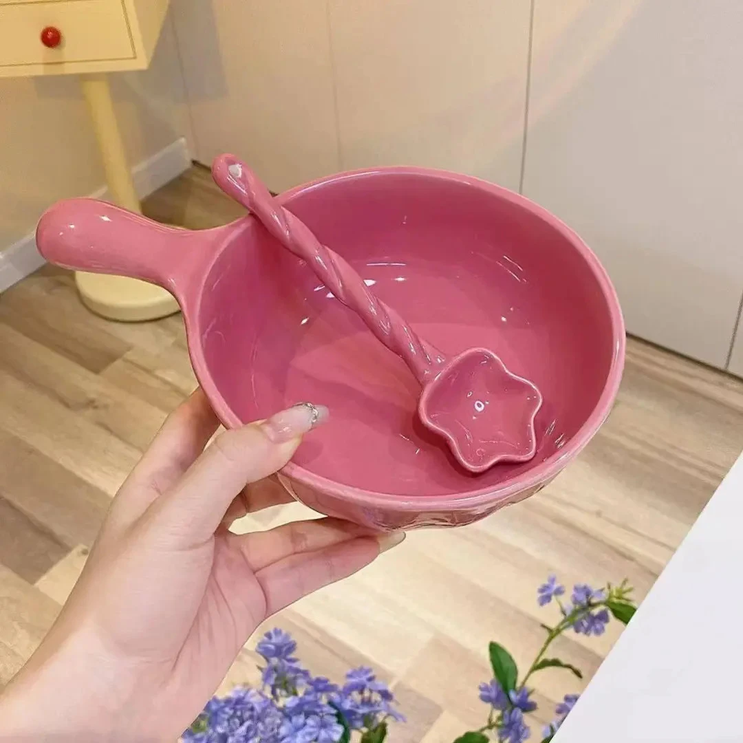 韩国ins风奶油色餐具烤碗陶瓷手柄汤碗泡面螺蛳粉家用麻花勺子