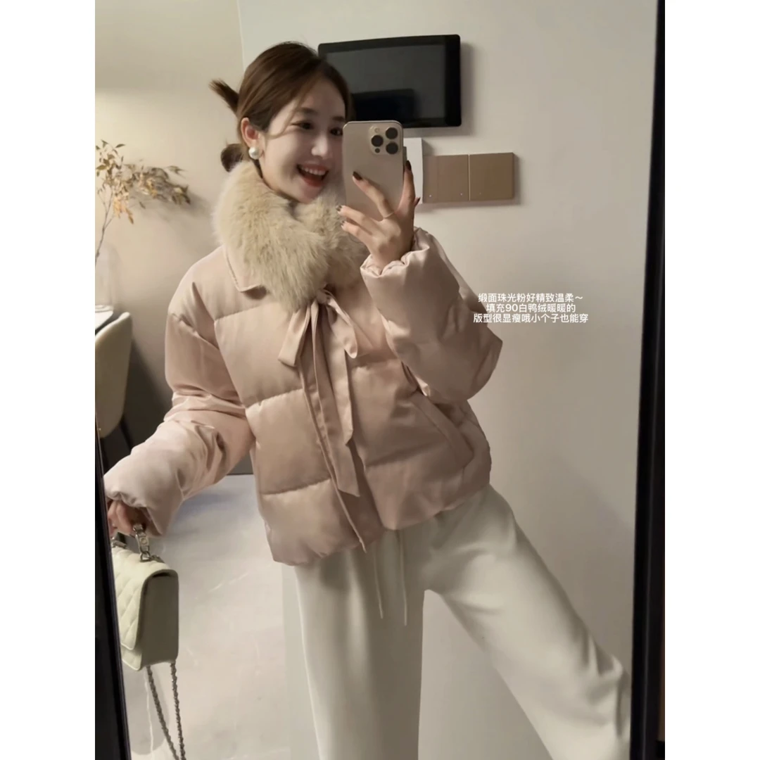 【怦然心动】90白鸭绒配毛领款缎面珠光感精致温柔短款秋冬羽绒服