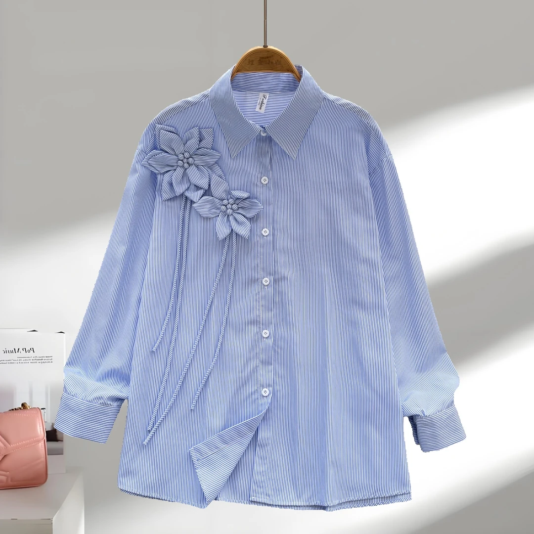 松弛感休闲长袖衬衫女2025新款洋气立体花朵单排扣宽松条纹上衣女