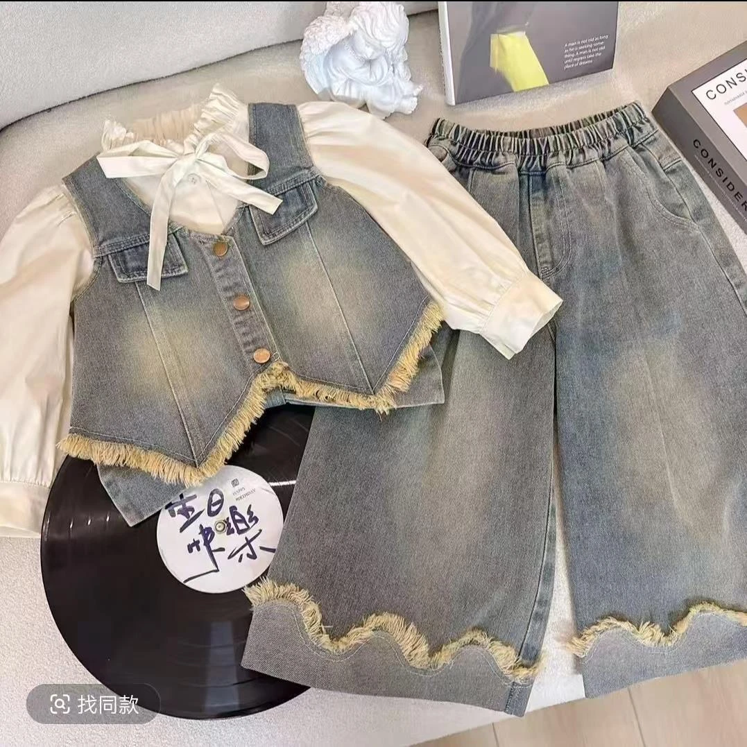 巴拉巴拉童装适用童语诺言女童套装2025新款春秋女牛仔马甲衬衫阔