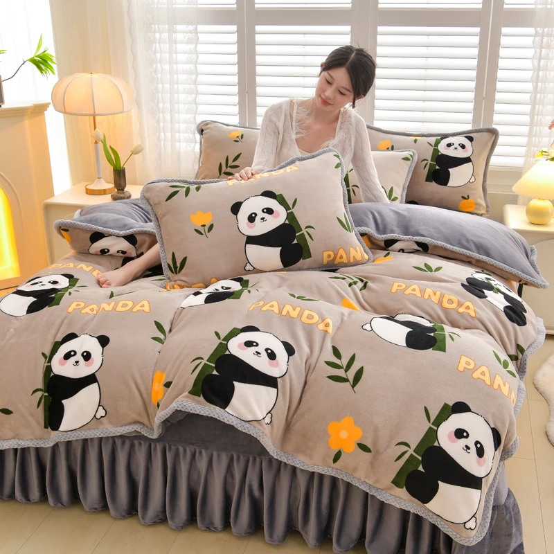 小清新简约床裙款牛奶绒四件套防静电加厚珊瑚绒学生宿舍三件套