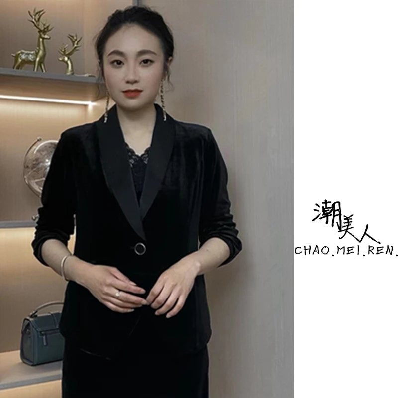 春秋款一粒扣时尚百搭气质洋气显瘦西装中年女妈妈装黑色上衣外套