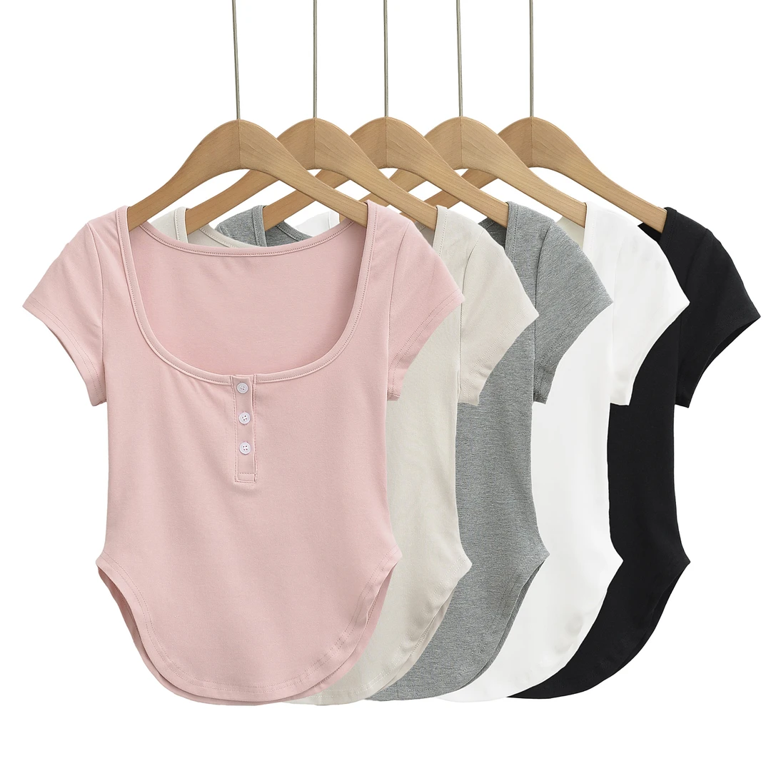 U领纽扣弧形下摆短袖T恤女夏季辣妹纯色修身显瘦正肩上衣