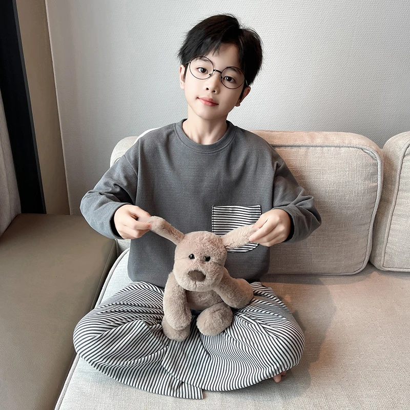儿童长袖德绒睡衣春秋款男童条纹家居服套装中大童宽松休闲两件套