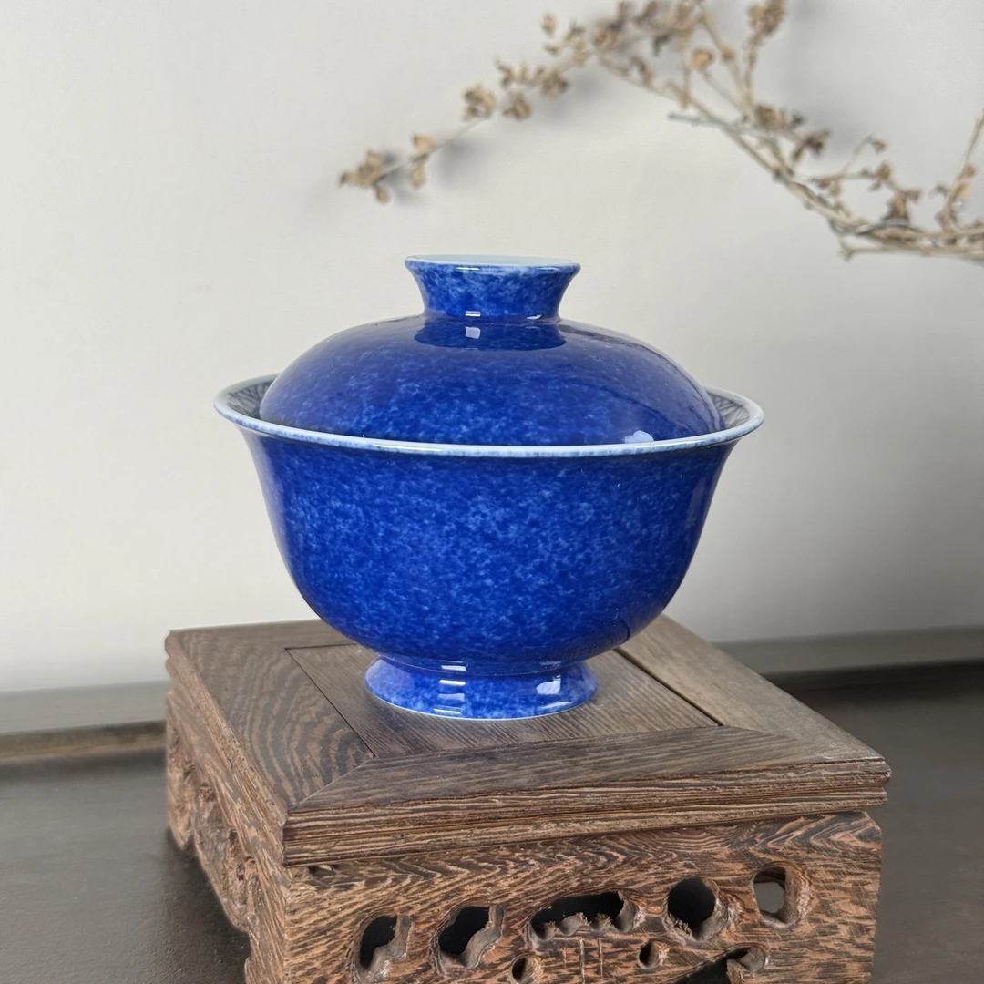 逸古堂 外撒蓝内荷花盖碗 YG007