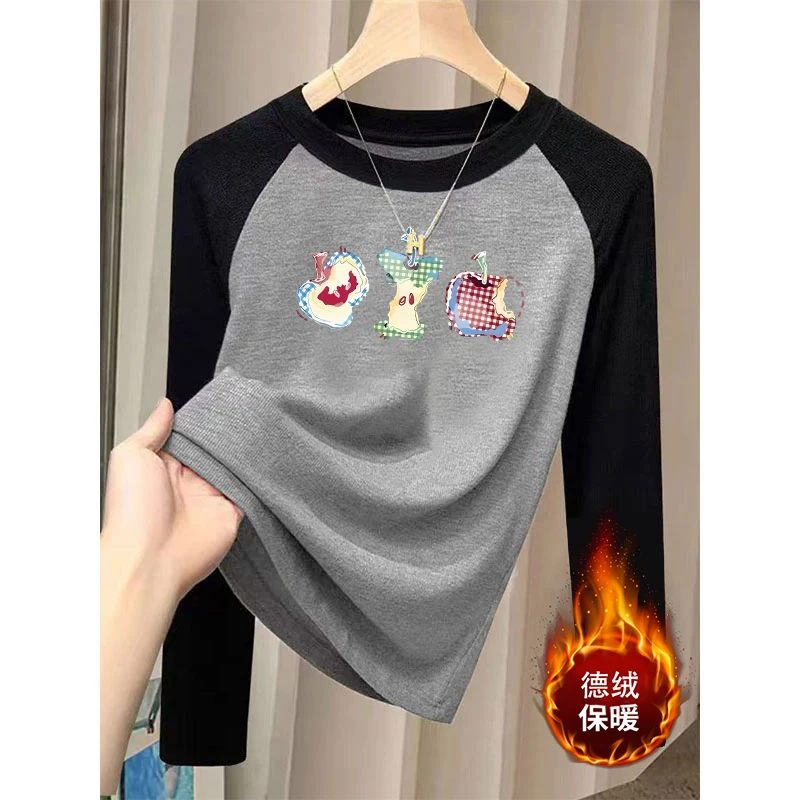 2025新款秋冬季德绒拼接长袖T恤女洋气小众高级感修身打底衫上衣