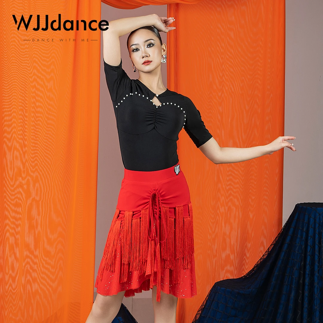 WJJdance拉丁舞半身裙女2025新款竖条流苏亮片网纱国标短裙练功服