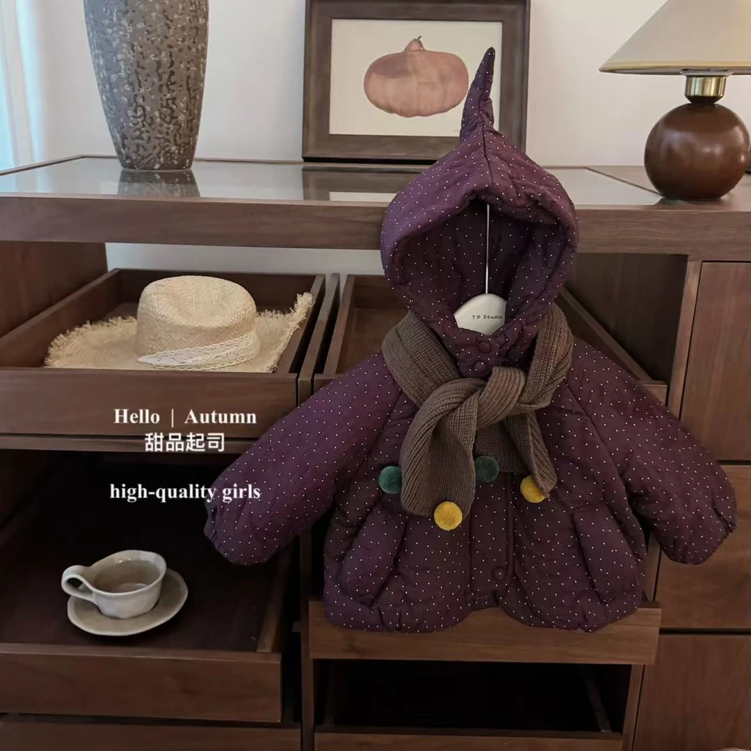 【甜品起司】葡萄紫！原创女宝宝中长款尖尖帽波点加厚棉服棉袄外套