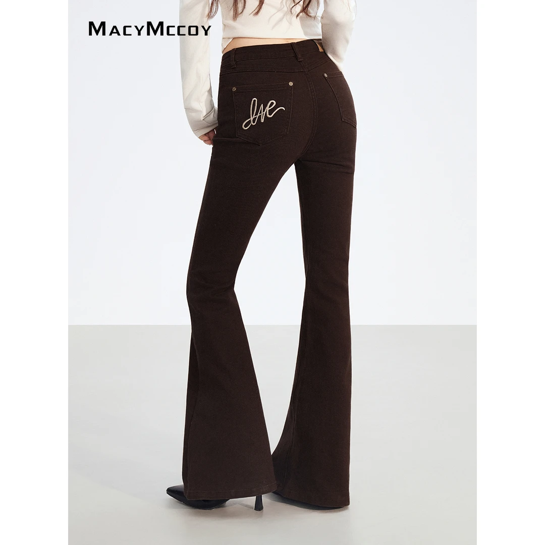MacyMccoy微喇刺绣牛仔裤女冬季百搭神裤修身显瘦显腿长微喇长裤