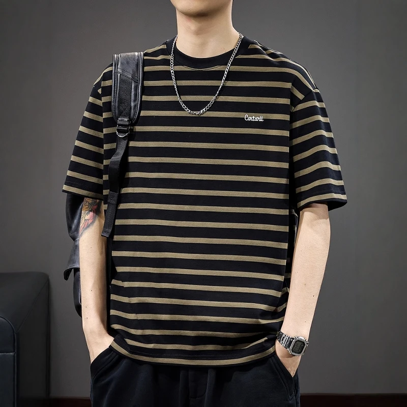 美式潮牌条纹短袖t恤男2025新款夏季宽松半袖体恤纯棉刺绣海魂衫