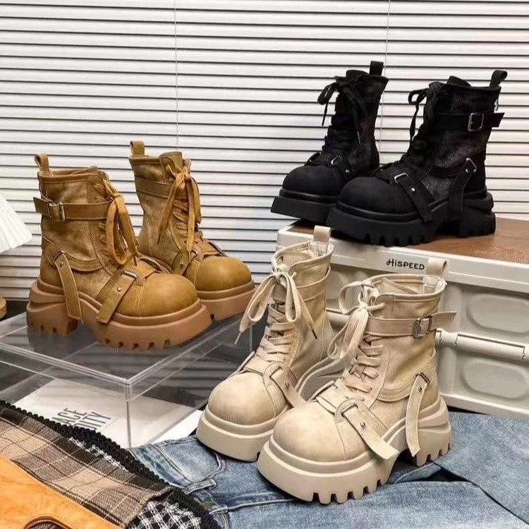 厚底增高时尚英伦风百搭系带女2025秋季新款马丁靴