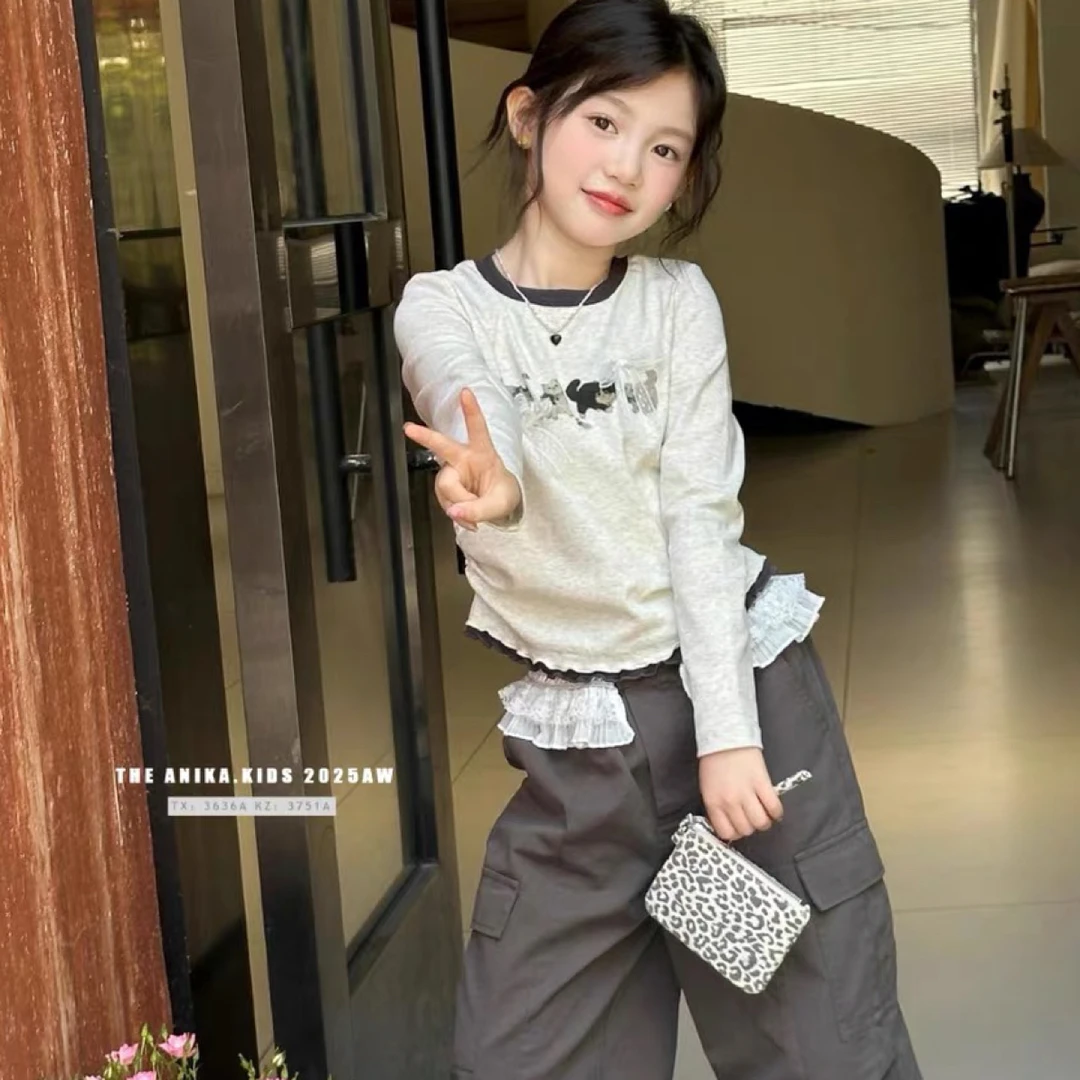 女童秋季新款套装洋气蝴蝶结长袖上衣花边工装裤女宝宝两件套