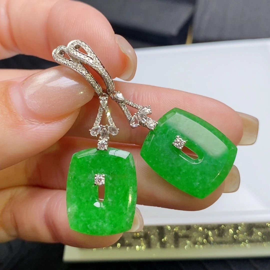 翡翠18K金镶嵌耳饰方糖