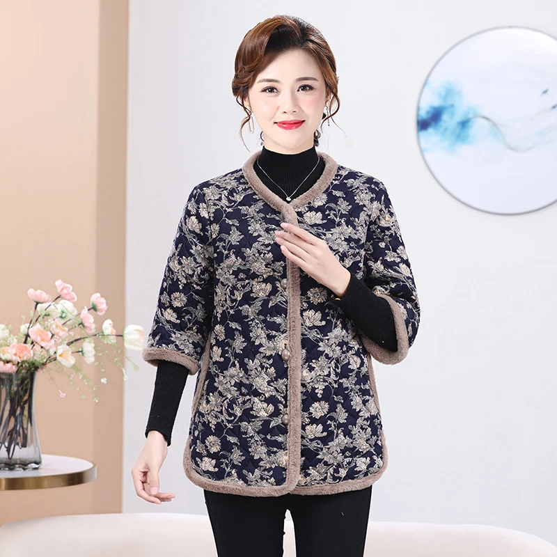 妈妈秋冬装保暖七分袖棉衣外套中老年女加绒加厚半袖马甲短款棉袄