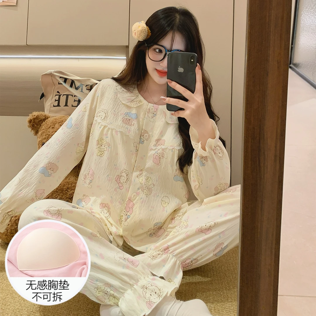 云朵棉睡衣女春秋冬季长袖带胸垫2025新款甜美风保姆猫套装家居服