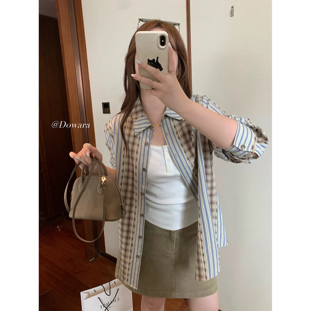 现货大婉酱微胖定制欧若风纯棉设计感衬衫休闲条纹上衣 6905D