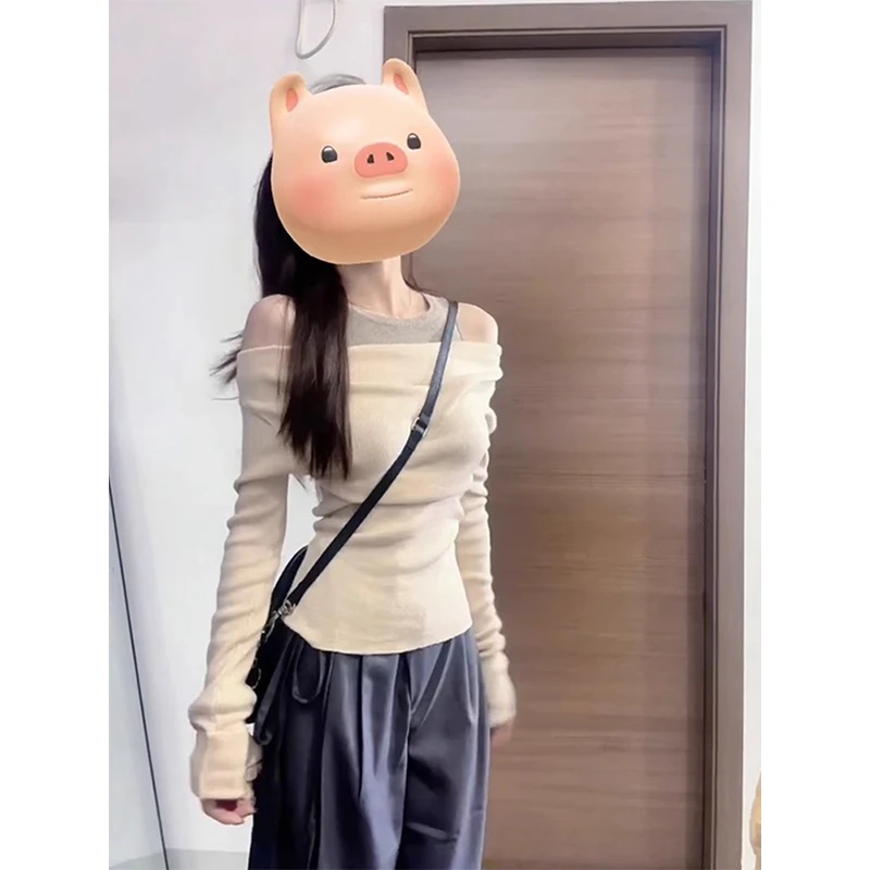 韩系一字领露肩杏色针织打底衫女秋冬绝美小个内搭紧身短款上衣