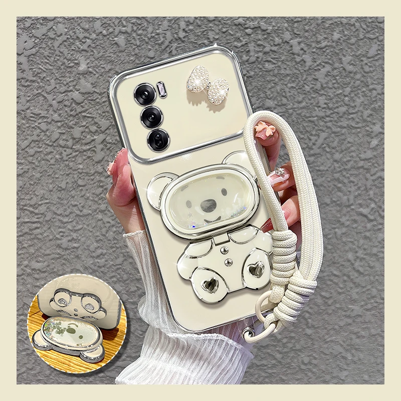 适用【opporeno12/pro】手机壳新款流沙熊镜子支架女蝴蝶结防摔硅胶