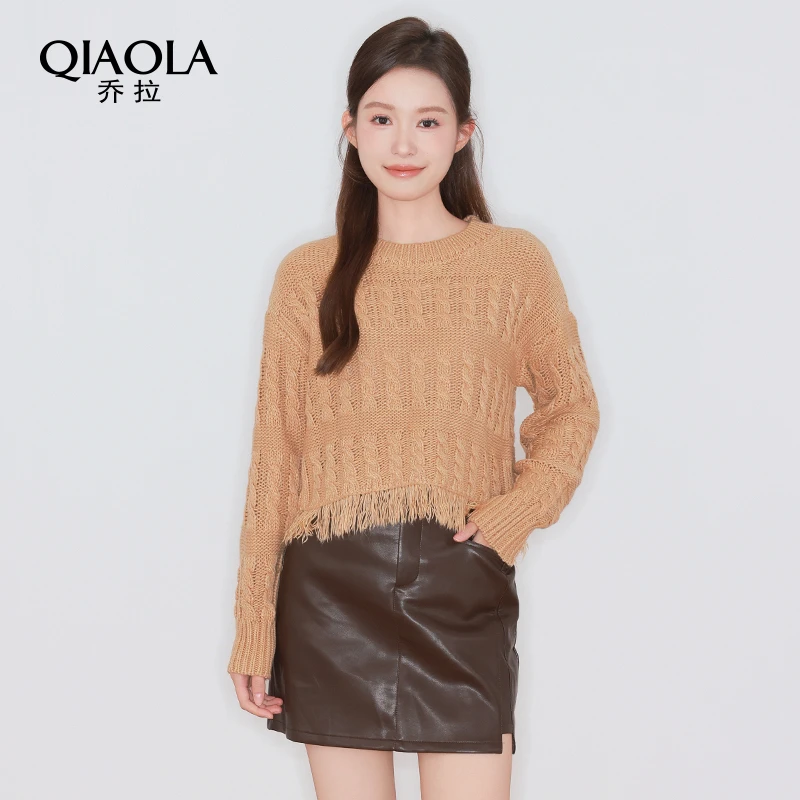 QIAOLA/乔拉【燕麦暖咖】秋季螺纹流苏毛织圆领PU皮A版时尚套装