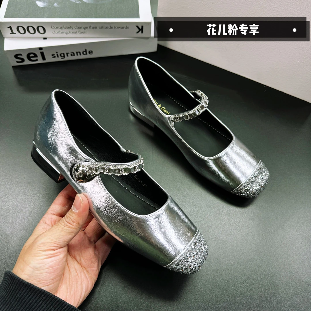 韩版玛丽珍鞋夏季单鞋高跟女鞋粗跟鞋子法式圆头浅口方头9567-1银