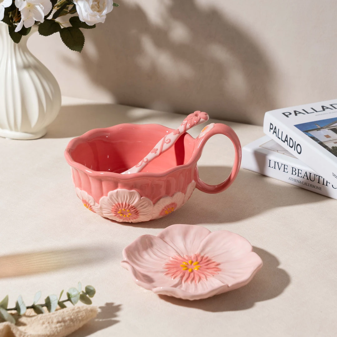 【西里西亚】手绘浮雕桃夭-曲把碗（三件套）