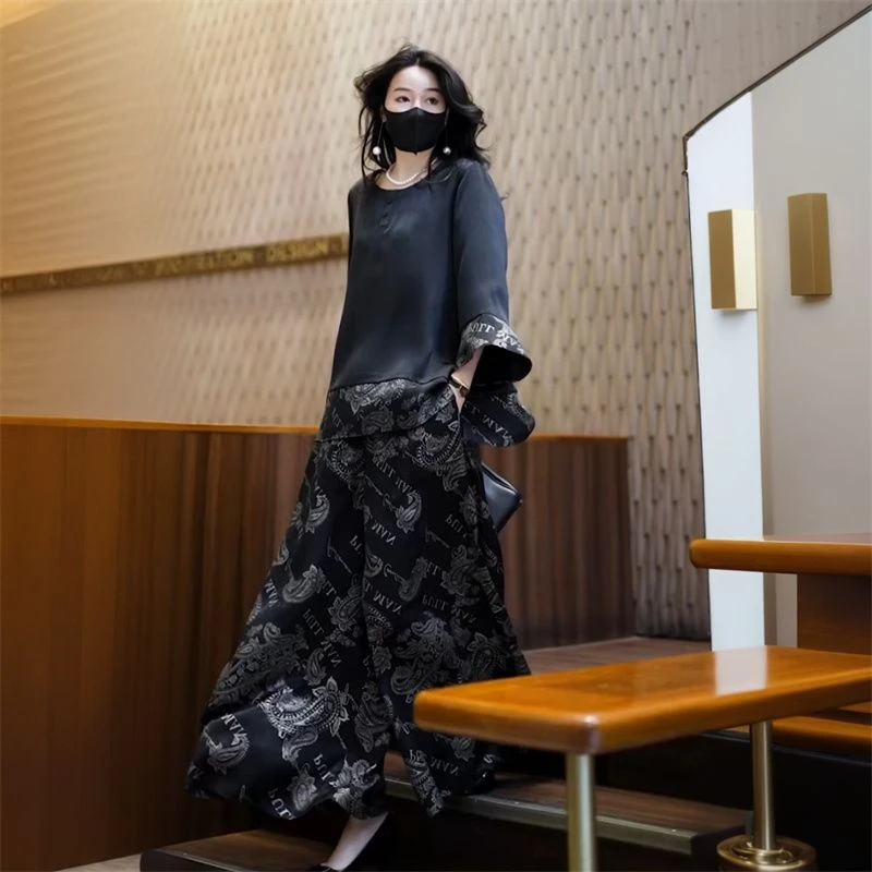 欧货高端夏季慵懒风穿搭宽松显瘦遮肉碎花上衣阔腿裤大码两件套装