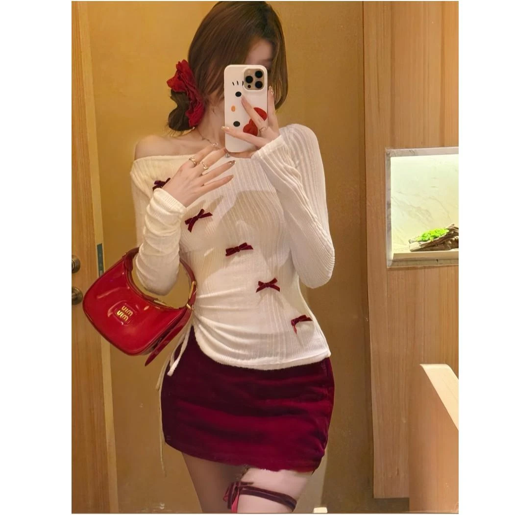 辣妹蝴蝶结毛衣斜肩一字肩长袖t恤秋季内搭甜辣露肩舒适面料上衣