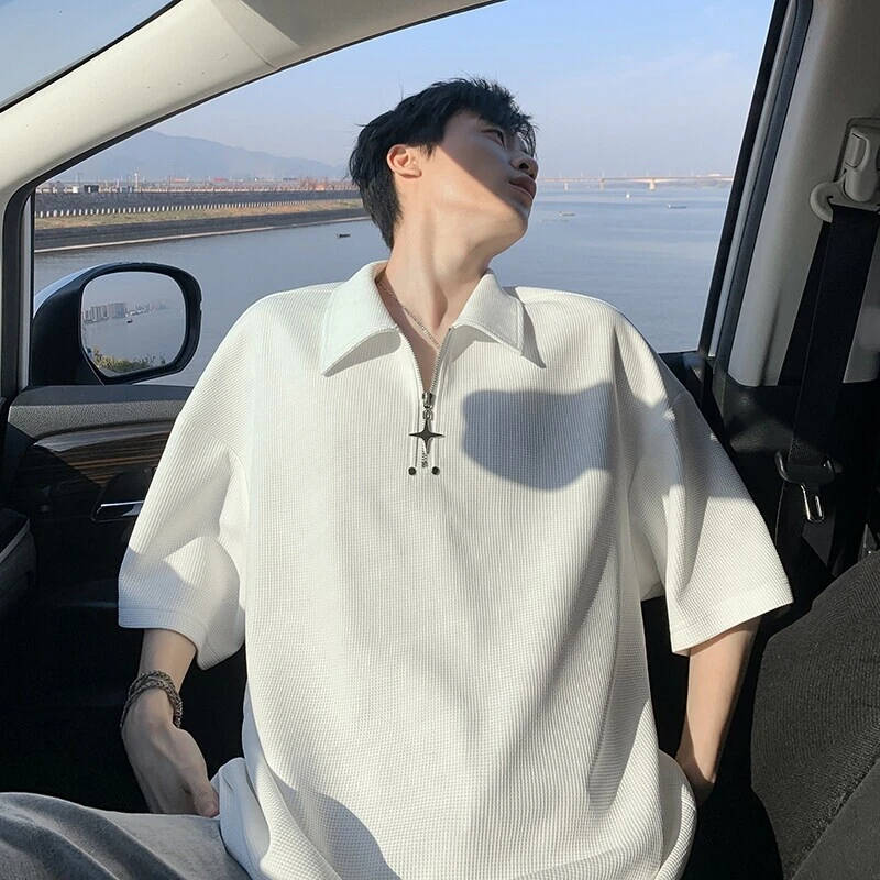 华夫格半拉链polo短袖t恤男生夏季简约半截袖宽松大码五分袖体恤