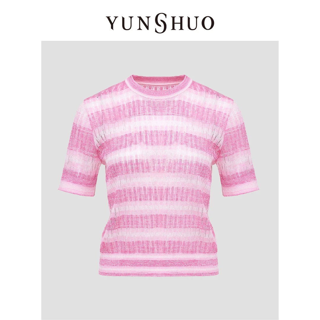 允硕新款夏季时尚女装百搭气质条纹拼色显瘦上衣T恤短袖735192