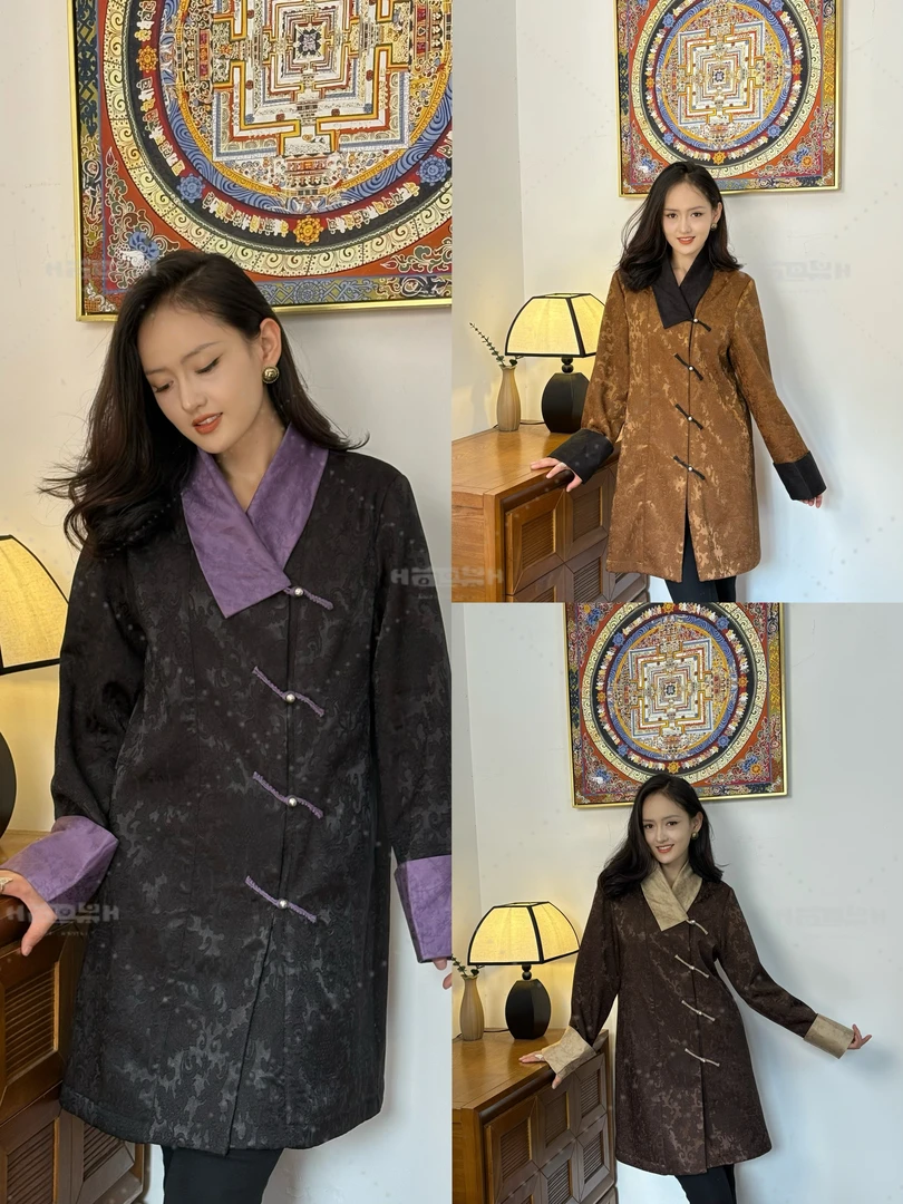 拉姆郎卓2025冬季新品|  藏式三色不丹领薄绒中长款显瘦保暖外套
