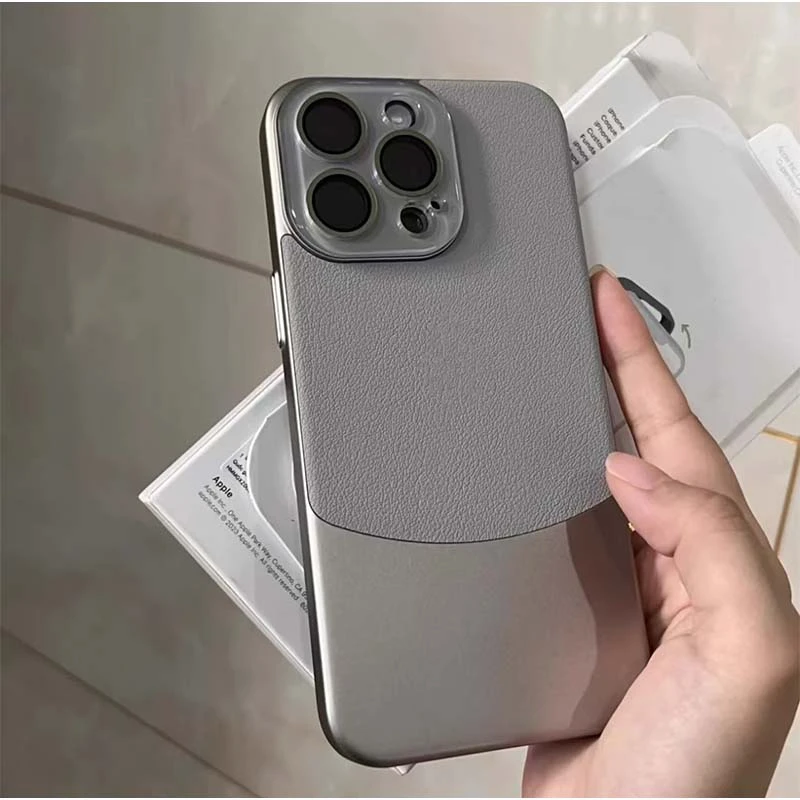 新款适用iPhone16promax手机壳水晶镜头双拼皮纹苹果15/14/13防摔