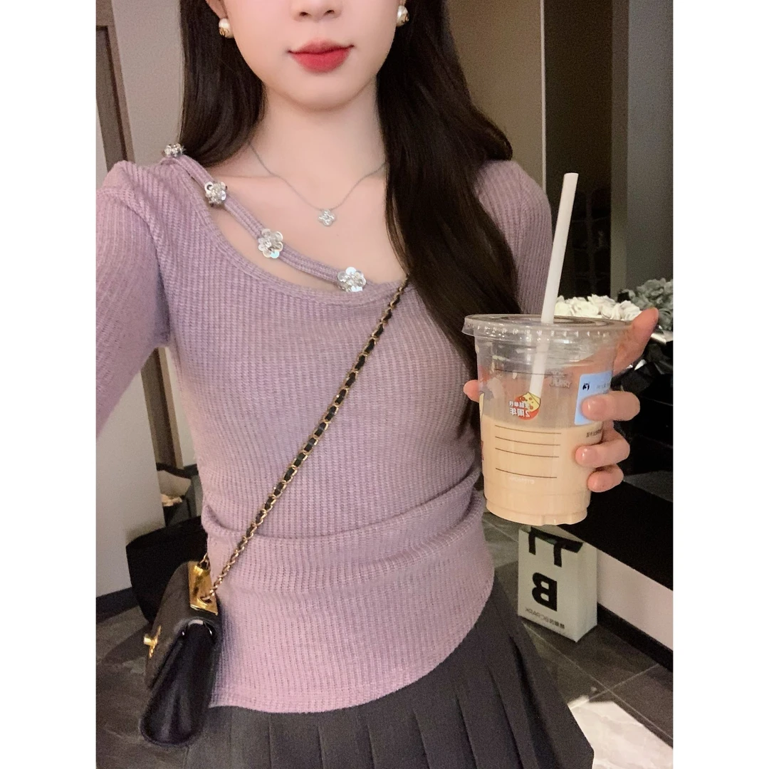 【现货】小奶盖 小众别致小花显白芋泥紫坑条肌理上衣