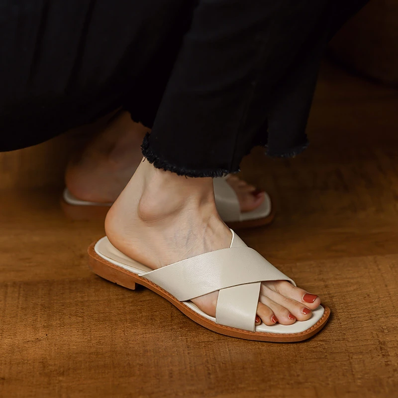 断码清仓处理22-259头层牛皮时尚外穿真皮拖鞋复古凉拖
