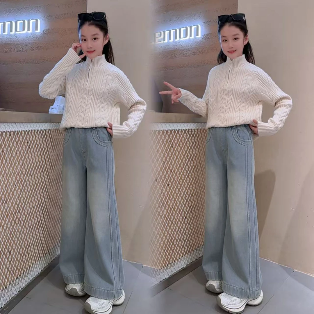 女童针织毛衣套装秋冬新款保暖毛衣女孩中大童加绒牛仔裤两件套潮