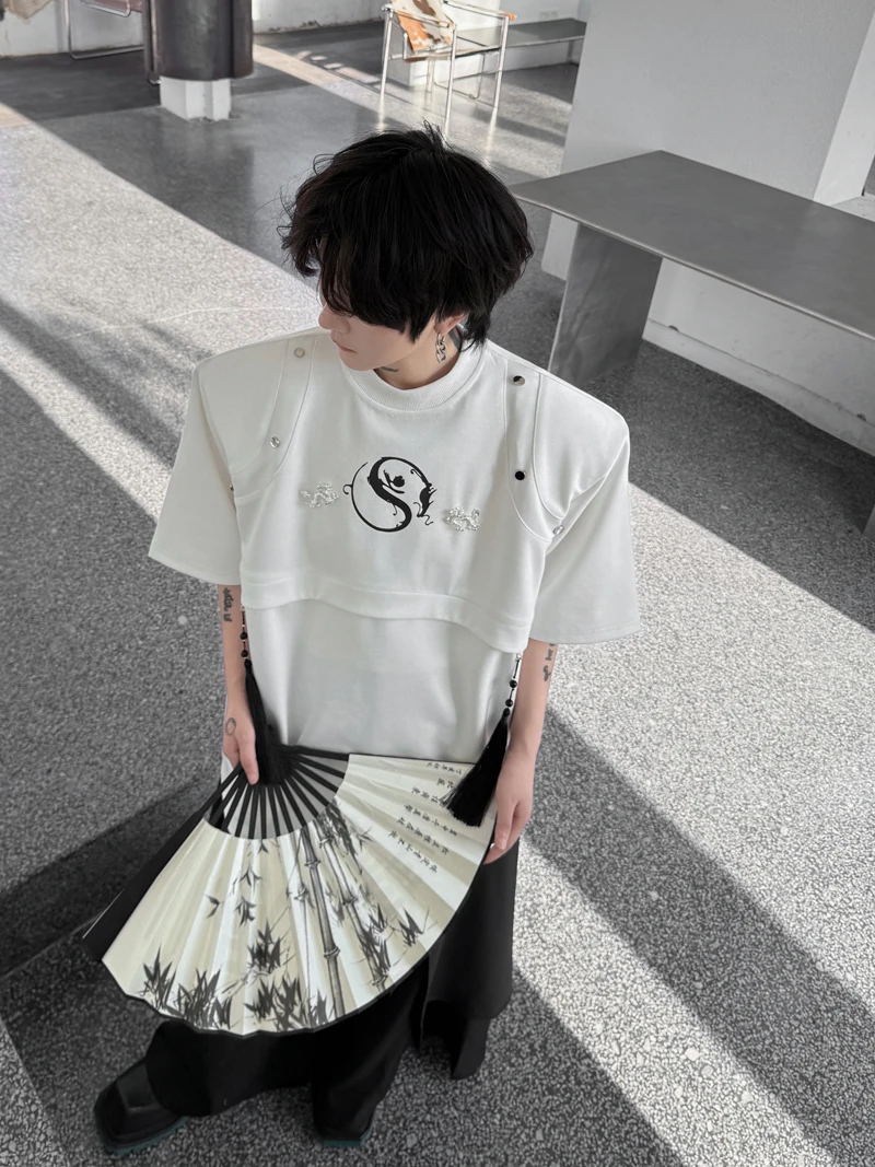 H8005立体龙装饰挂件流苏印花垫肩T恤时尚潮流新中式造型设计上衣