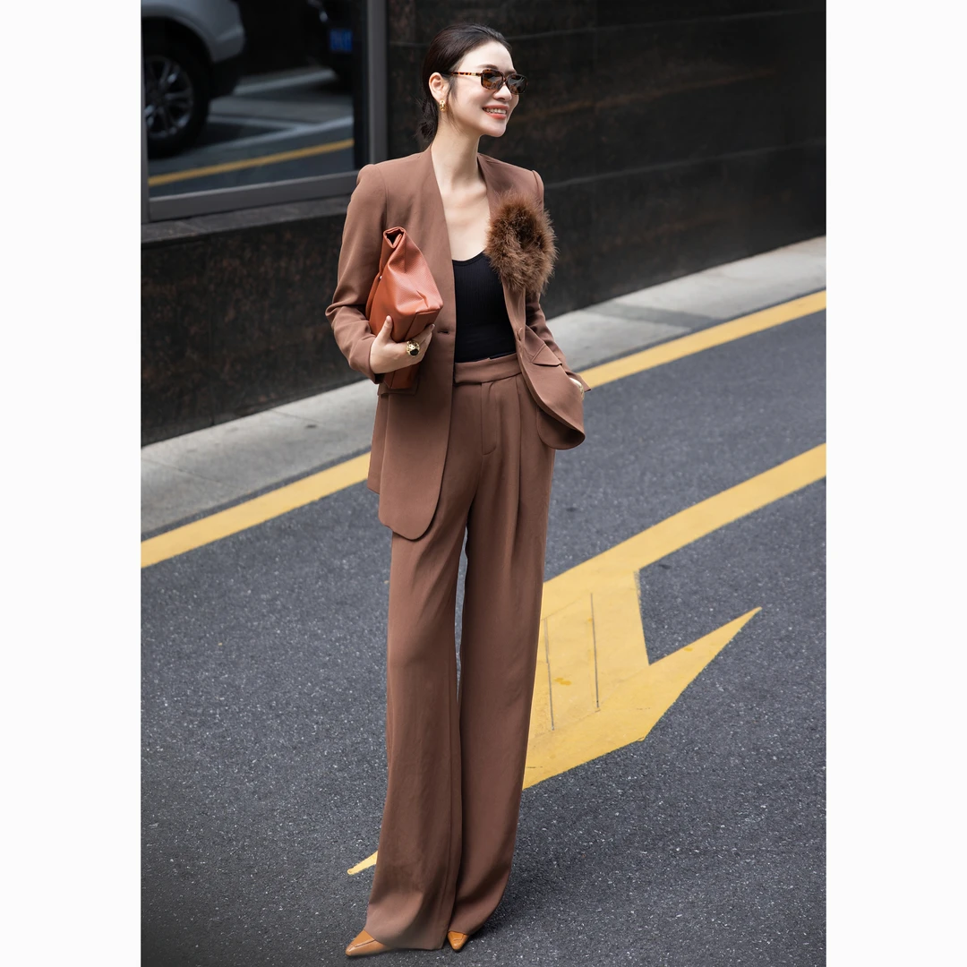 ZEROYK轻奢时尚套装高级感立体胸花收腰西服长裤职业通勤两件套