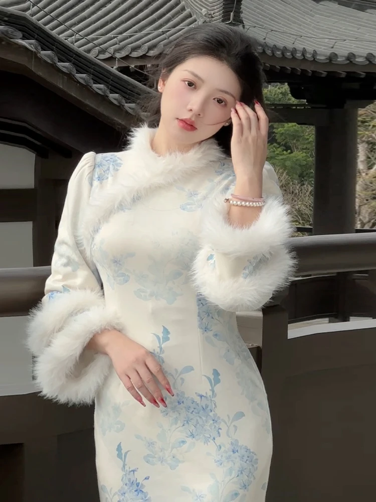 豆大富专属花中游新中式国风女装宽袖气质优雅显瘦连衣裙印花旗袍