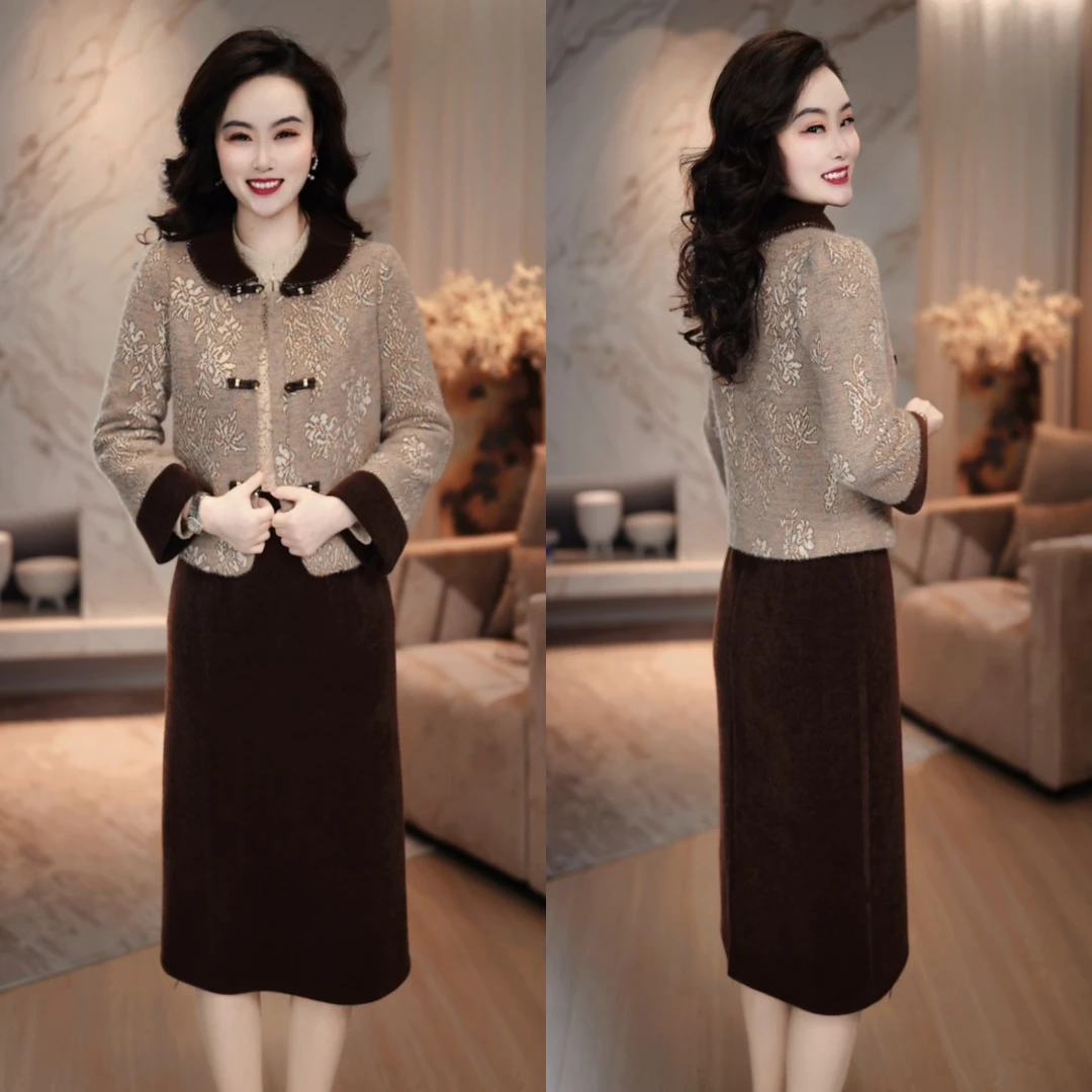 外套+连衣裙 2025冬季加绒加厚时尚减龄显瘦气质保暖套装裙M-5XL
