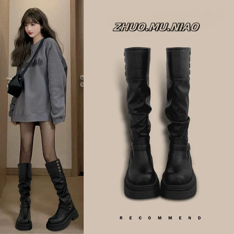 啄木鸟厚底增高长筒靴女2025新款秋冬显瘦小个子黑色高筒靴骑士靴