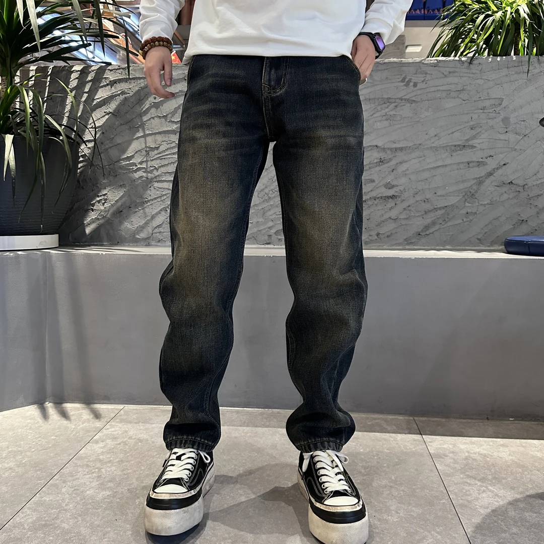 9236秋冬款小直筒加厚加绒复古牛仔裤潮流百搭痞帅微锥形长裤子