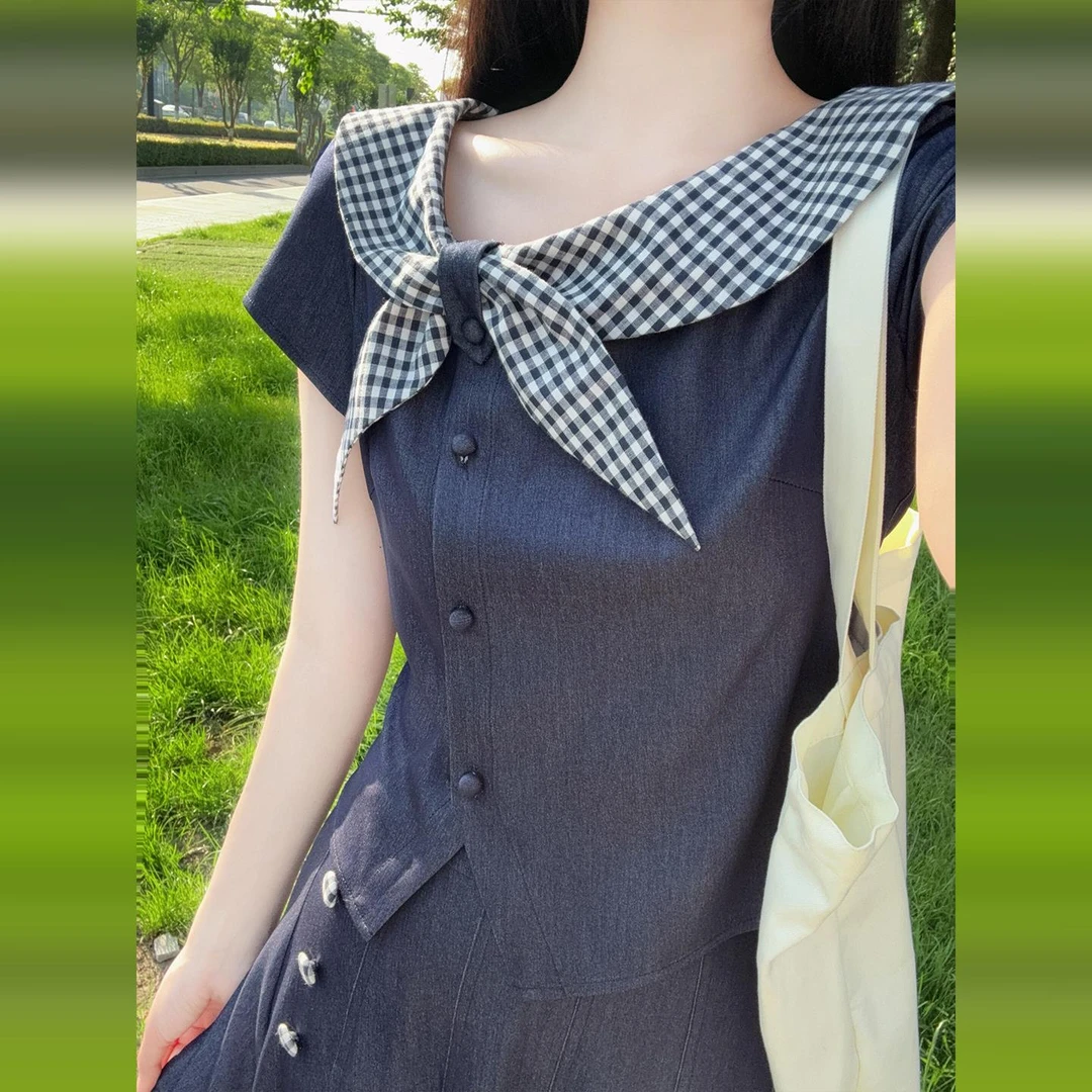 2025夏季新款法式学院风短袖连衣裙子女独特漂亮掐腰两件套装长裙