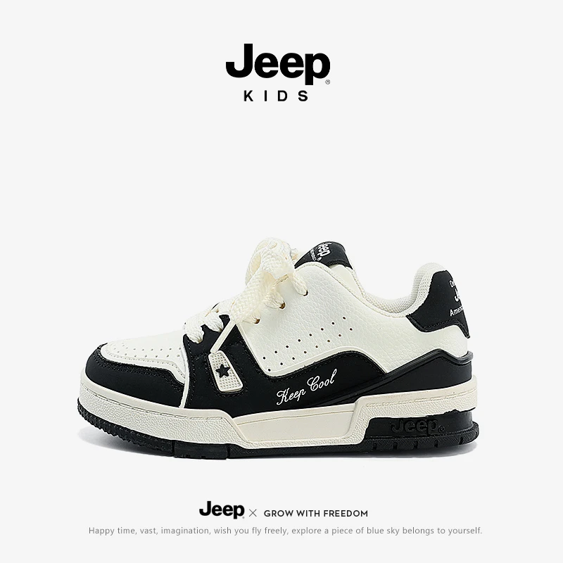 jeep儿童休闲鞋男童低帮休闲板鞋2025春季新款女童皮面软底运动鞋