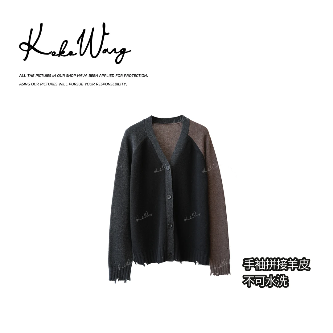 KOKO WANG秋冬时尚慵懒风撞色插肩袖V领羊毛针织开衫X6515H03W20