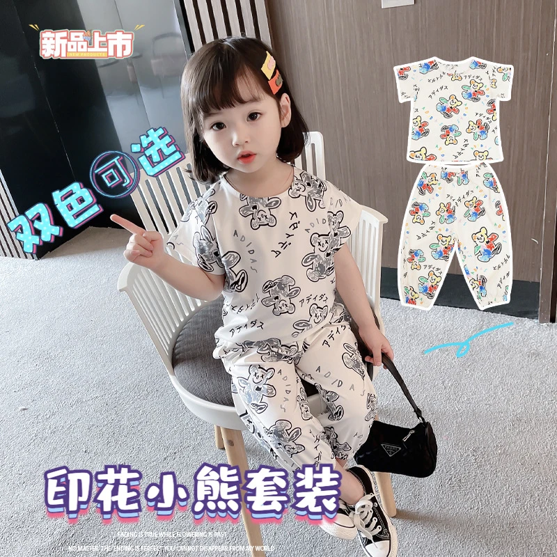 夏季新款女童洋气套装女孩印花小熊短袖休闲裤女宝宝薄款儿童夏装